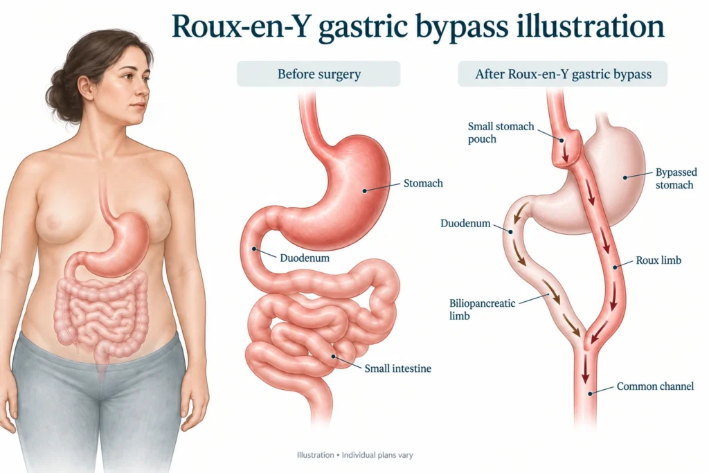 Illustratie van een Roux-en-Y maagbypass Medische illustratie van een Roux-en-Y maagbypass, met de kleine maagpouch en het Roux-segment van de dunne darm.