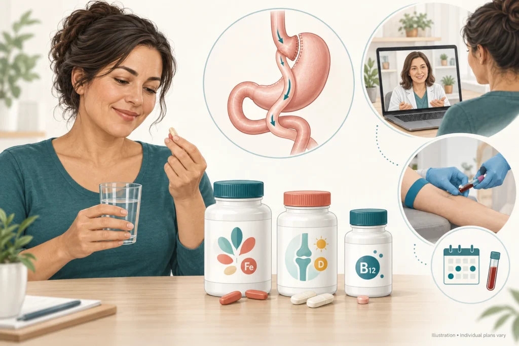 Vitaminen na een maagbypass Illustratie van ijzer-, vitamine D- en B12-supplementen die dagelijks worden ingenomen na een maagbypassoperatie, met bloedonderzoek en video-follow-up.