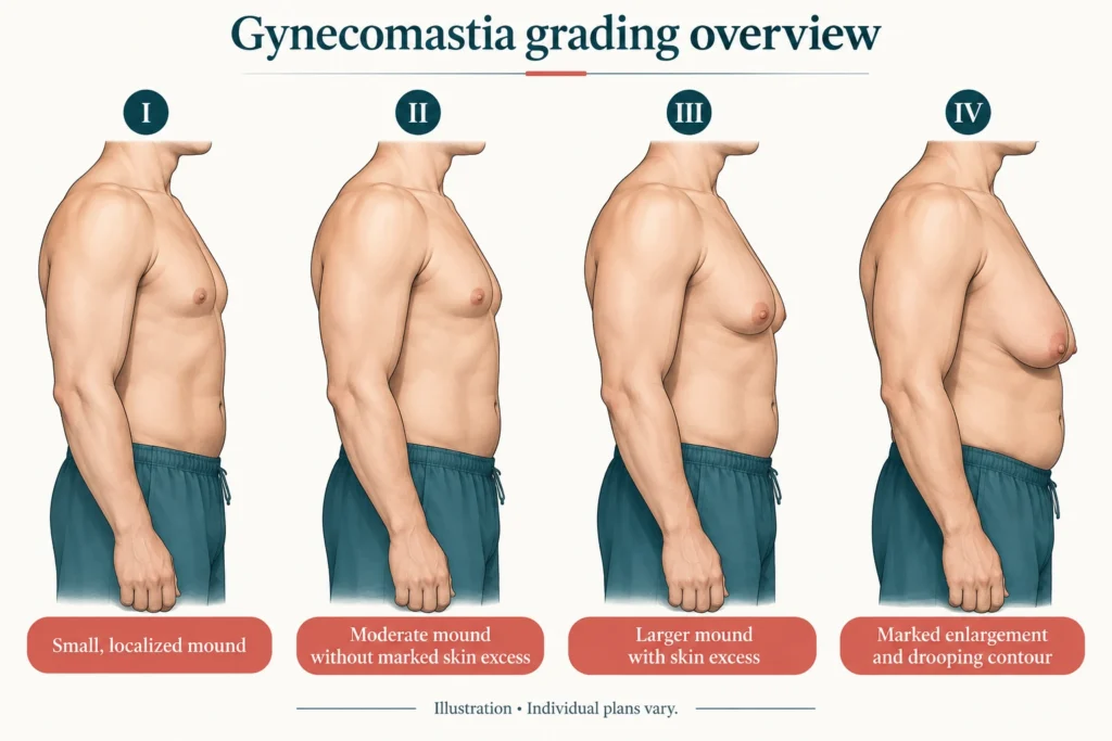 Ginecomastia grados I–IV Ilustración médica de ginecomastia grados I a IV, desde pezones hinchados hasta piel pectoral flácida.