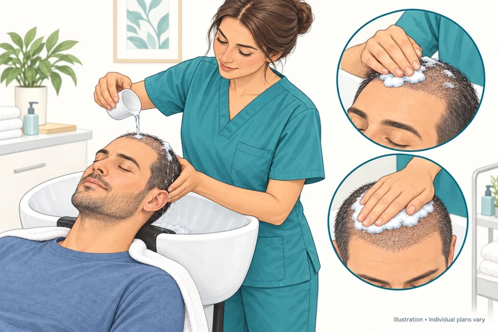 First wash after hair transplant Illustration of a nurse gently pouring water and foam over the scalp for the first wash after a hair transplant