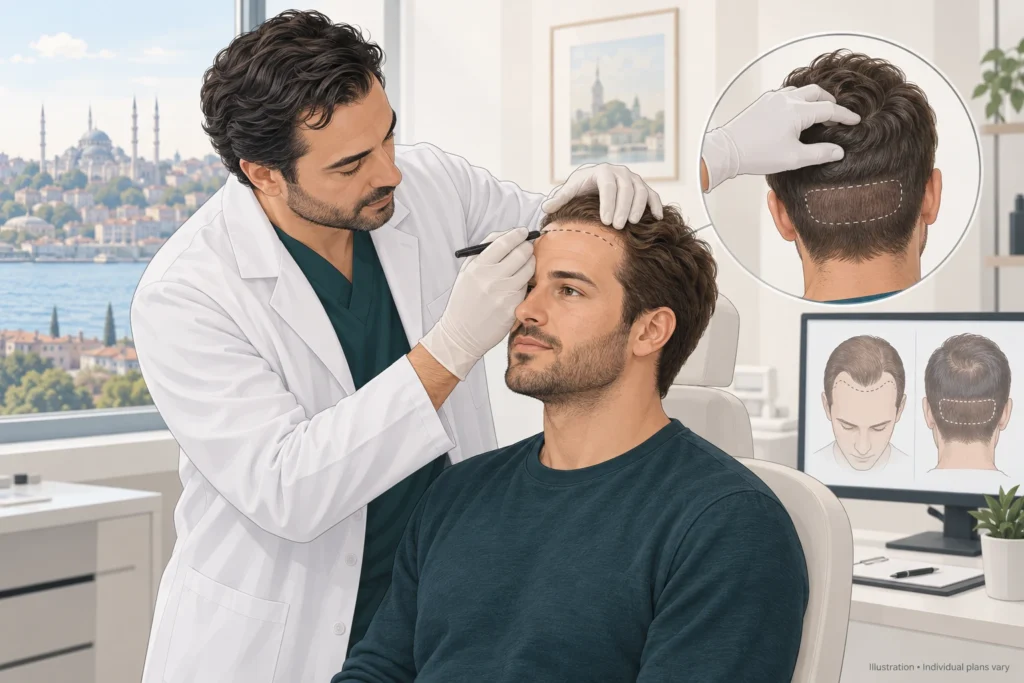 Hair transplant consultation in Istanbul Illustration of a doctor marking a patient's hairline and assessing the donor area before a hair transplant