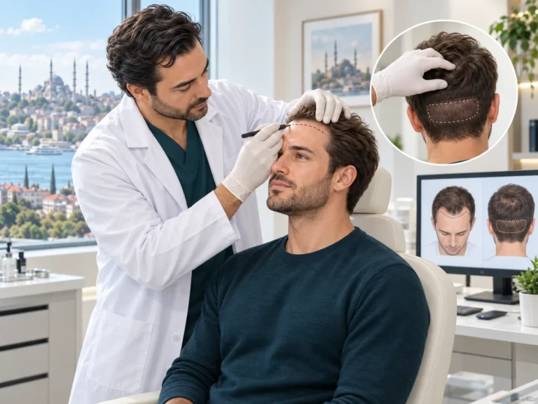 Vivid Clinic Hair transplant surgeon at Vivid Clinic Istanbul drawing the new hairline on a male patient, with the donor area shown in an inset