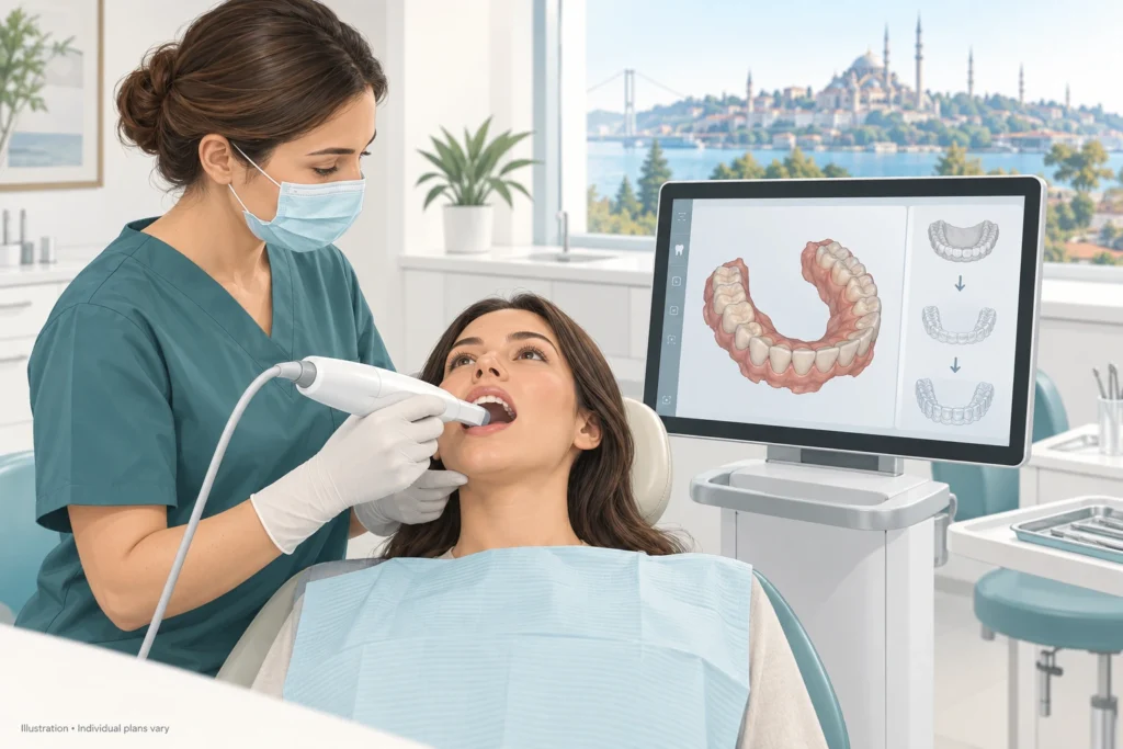 Odontología Ilustración de un dentista realizando un escaneo intraoral 3D de los dientes de un paciente para la planificación de alineadores transparentes.