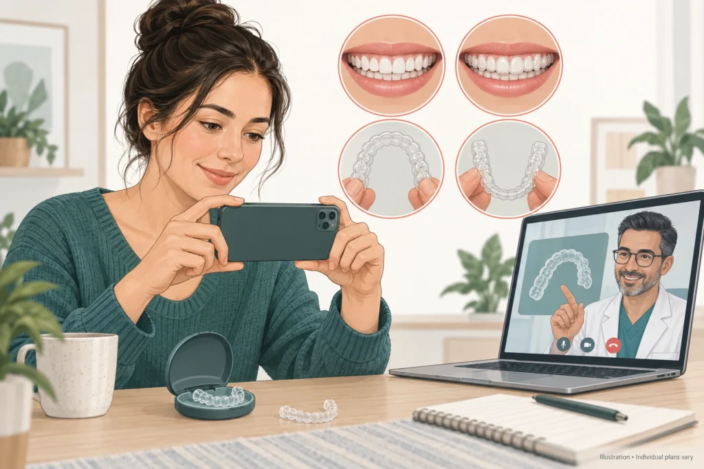 Illustration of a patient taking smartphone photos of her teeth and aligners for a remote check-in
