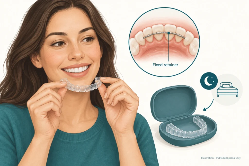 Illustration of a woman holding a clear retainer, with a fixed retainer shown inset, after aligner treatment