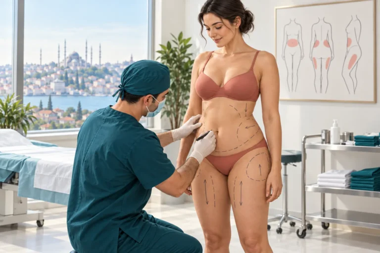 Vivid Clinic Plastic surgeon at Vivid Clinic Istanbul marking the abdomen and thighs before liposuction and body contouring