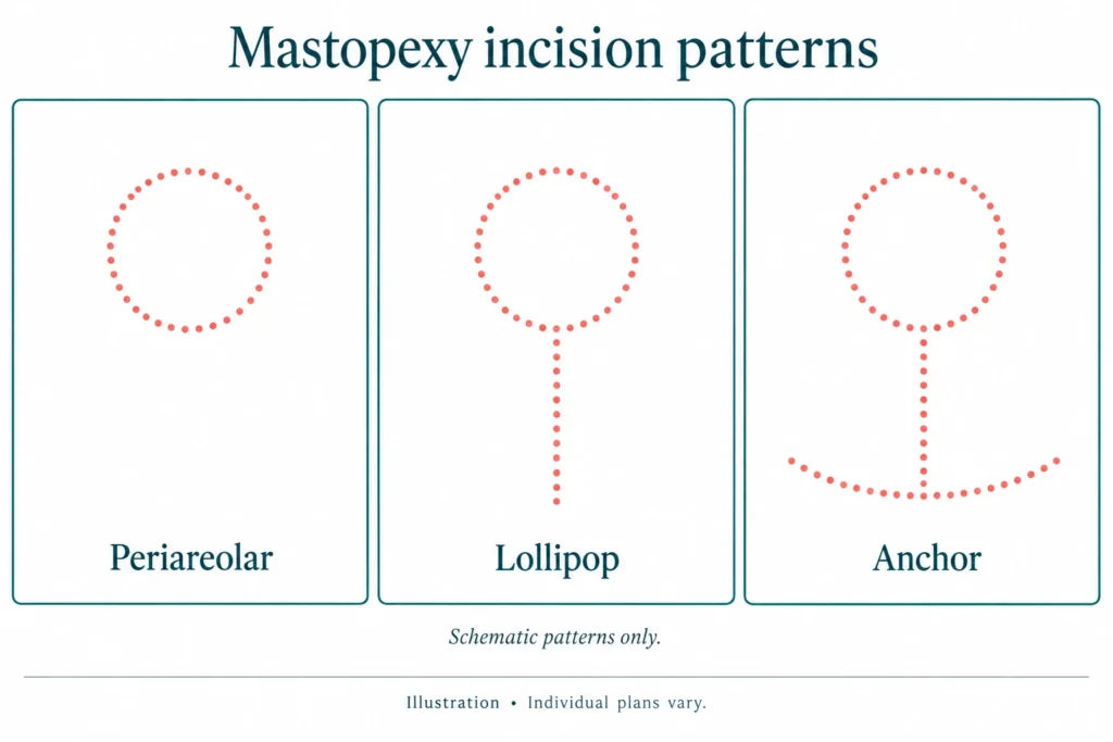 Illustrazione comparativa dei modelli di incisione periareolare, a lecca-lecca e ad ancora nella mastopessi.