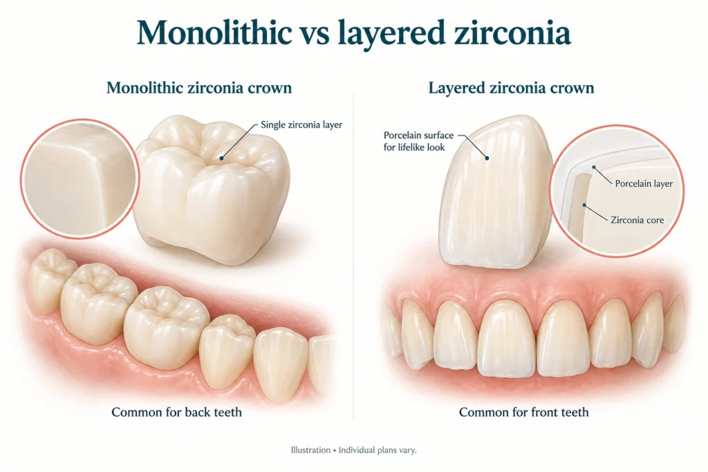 Monolithic vs layered zirconia Illustration comparing a monolithic zirconia crown with a layered zirconia crown with a porcelain surface