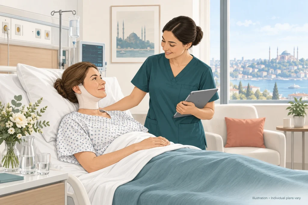 Hospital recovery room Illustration of a nurse checking on a patient in a hospital recovery room after neck lift surgery