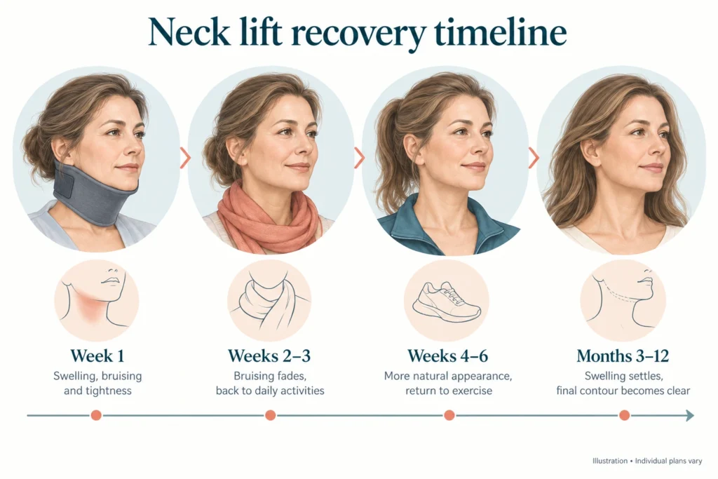 Neck lift recovery timeline Infographic of typical neck lift recovery milestones from the first week to twelve months