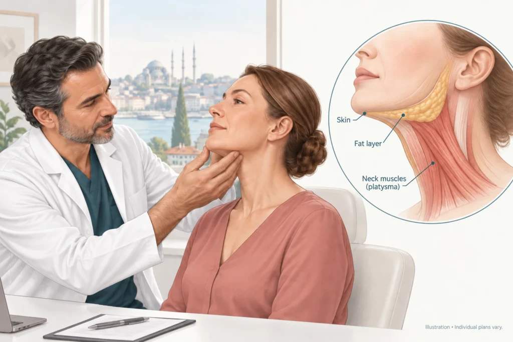 Neck lift consultation in Istanbul Illustration of a plastic surgeon assessing the jawline and neck angle during a neck lift consultation