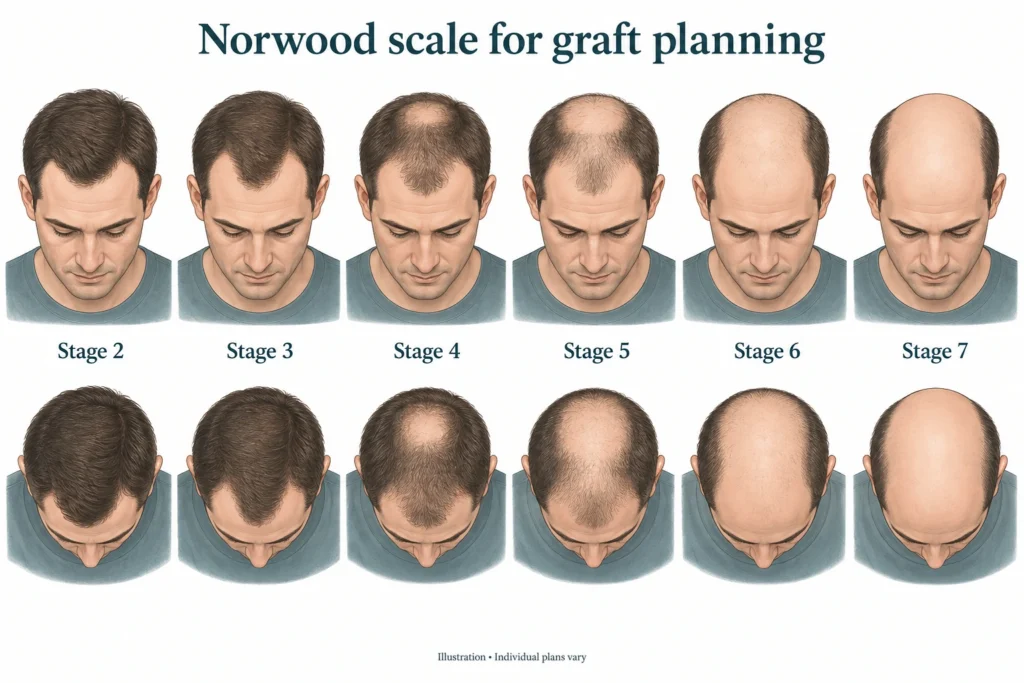 Tabla de la escala de Norwood que muestra las etapas 2 a 7 de la alopecia androgénica masculina desde el frente y desde arriba, utilizada para la planificación de injertos.