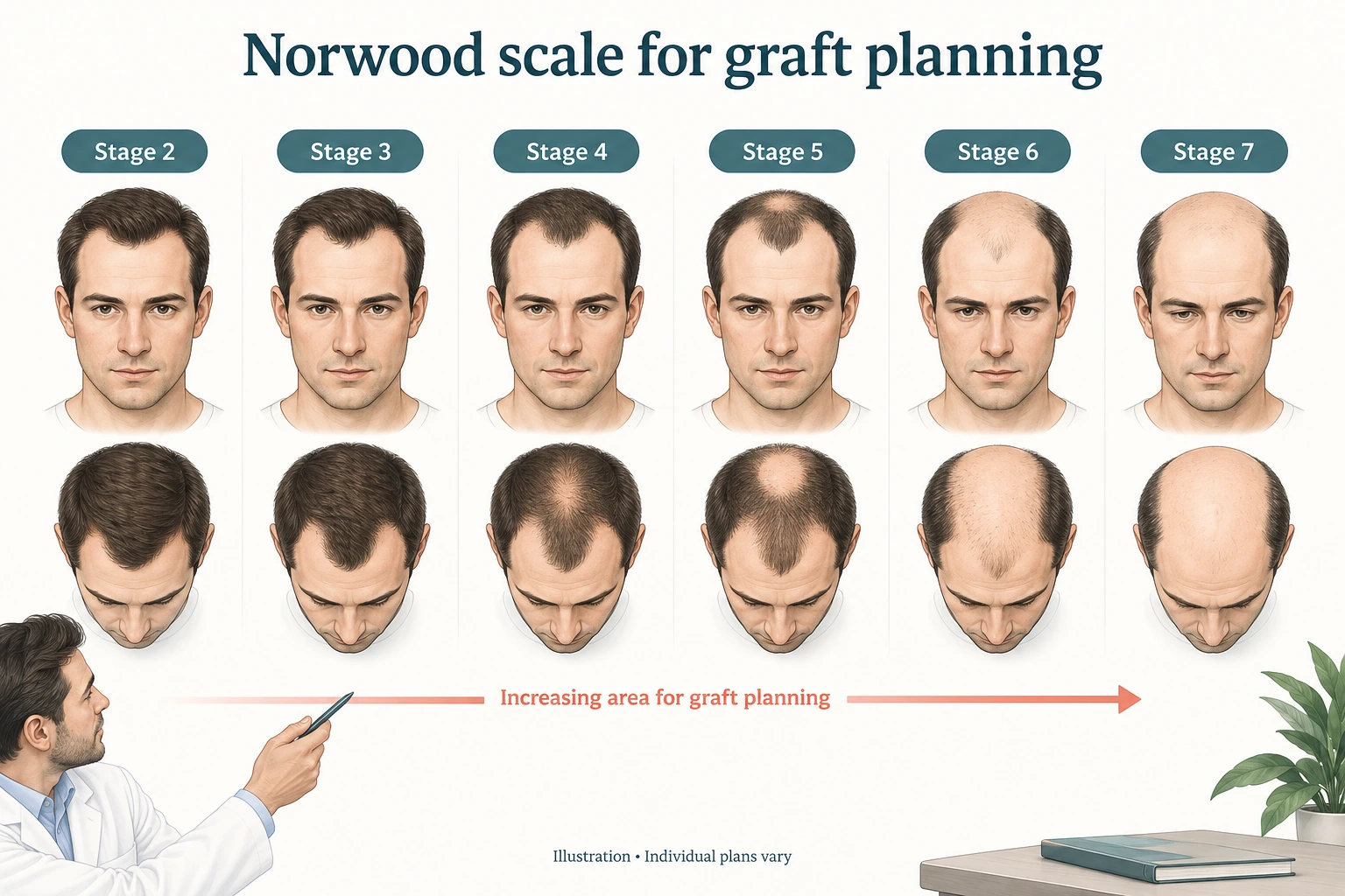 Tabla de tipos de cabello: escala de Norwood para la planificación de injertos en trasplantes capilares. Tabla de tipos de cabello en Vivid Clinic Istanbul: tabla de la escala de Norwood que muestra las etapas 2 a 7 de la alopecia androgénica masculina desde el frente.