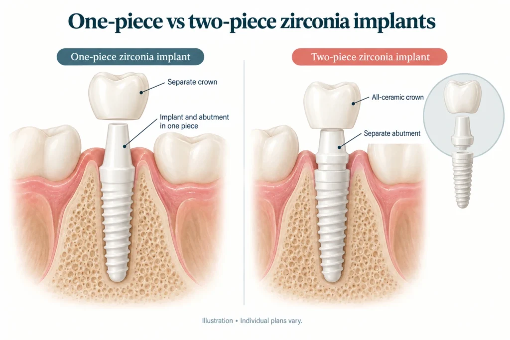 One-piece vs two-piece zirconia implants Diagram comparing a one-piece zirconia implant with a two-piece ceramic dental implant and abutment