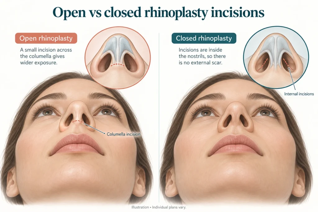 Open vs closed rhinoplasty incisions Medical illustration comparing open rhinoplasty columella incision with closed rhinoplasty internal incisions
