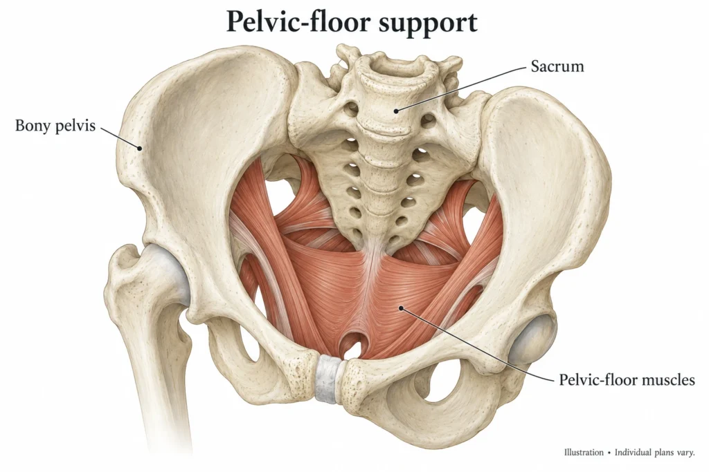 Ilustración médica de los músculos del suelo pélvico dentro de la pelvis ósea, el soporte reparado en el estrechamiento vaginal.