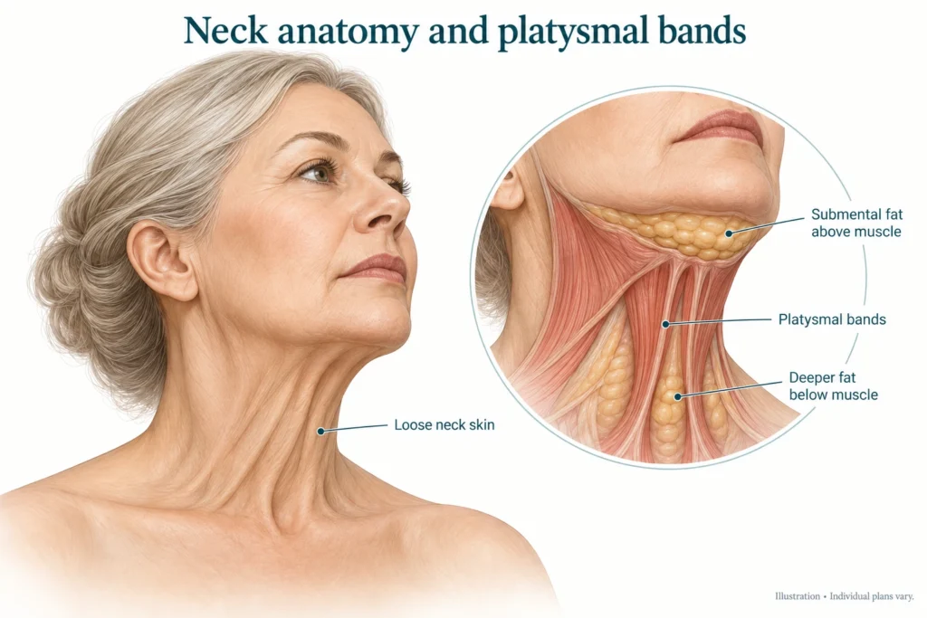 Neck anatomy and platysmal bands Neck lift Turkey: medical illustration of platysma muscle bands, fat under the chin and loose neck skin