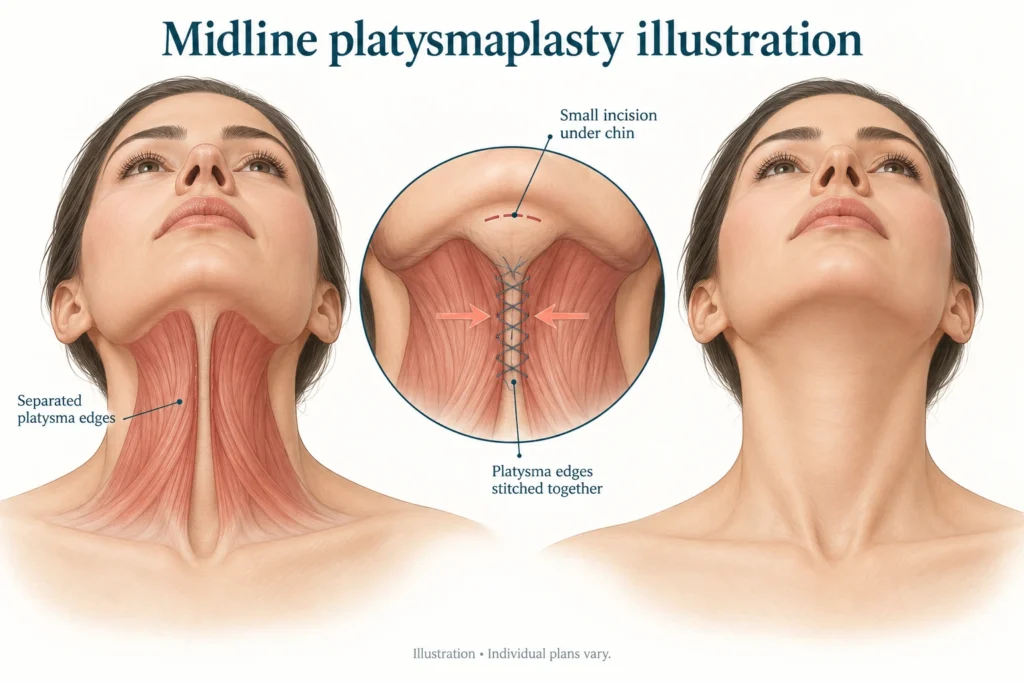 Midline platysmaplasty illustration Illustration showing midline platysmaplasty tightening the neck muscle through a small incision under the chin
