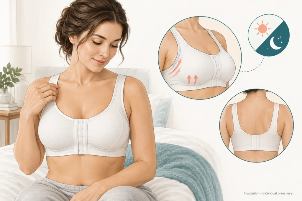 Illustrazione di un reggiseno post-operatorio morbido con chiusura frontale, indossato durante il periodo di recupero dopo un intervento di lifting del seno.