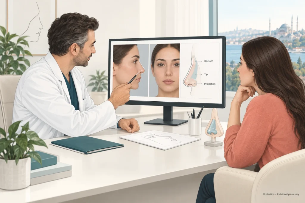 Rhinoplasty consultation in Istanbul Rhinoplasty in Istanbul: illustration of a surgeon reviewing a patient's nose profile photos on screen during a rhinoplasty consultation