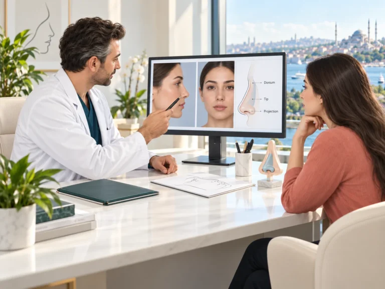 Vivid Clinic Facial plastic surgeon at Vivid Clinic Istanbul reviewing profile photos and a nose diagram during a rhinoplasty consultation