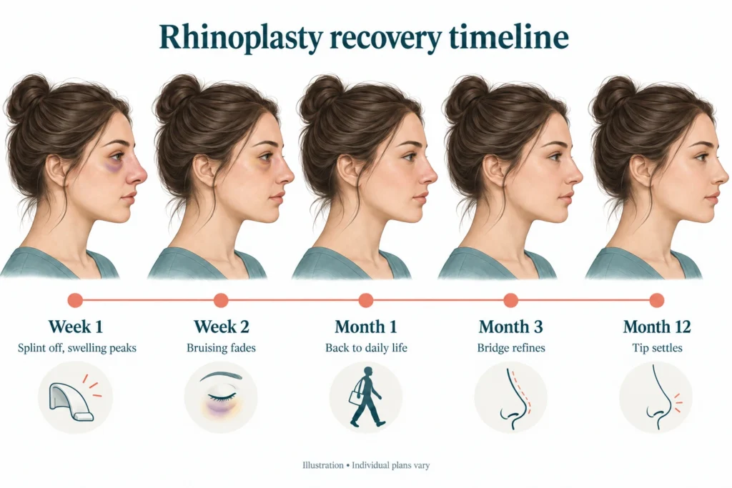 Rhinoplasty recovery timeline Illustrated rhinoplasty recovery stages, from peak swelling and bruising to residual tip swelling settling