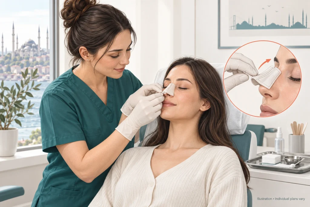 Splint removal day in Istanbul Illustration of a nurse removing a nasal splint from a patient about a week after rhinoplasty