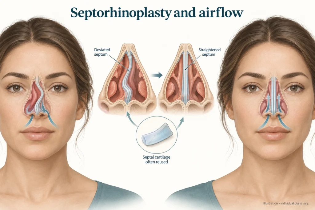 Septorhinoplasty and airflow Illustration of a deviated nasal septum before and after straightening in septorhinoplasty