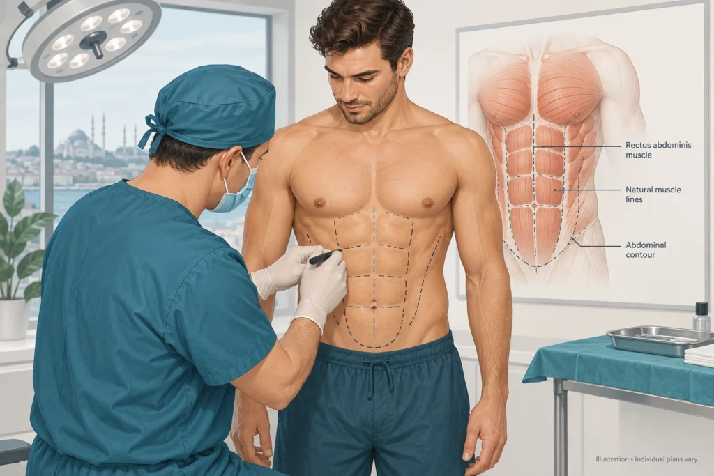 Markeringen voor een sixpack-operatie Illustratie van een chirurg die lijnen in de buikspieren van een staande patiënt markeert voorafgaand aan een sixpack-operatie.