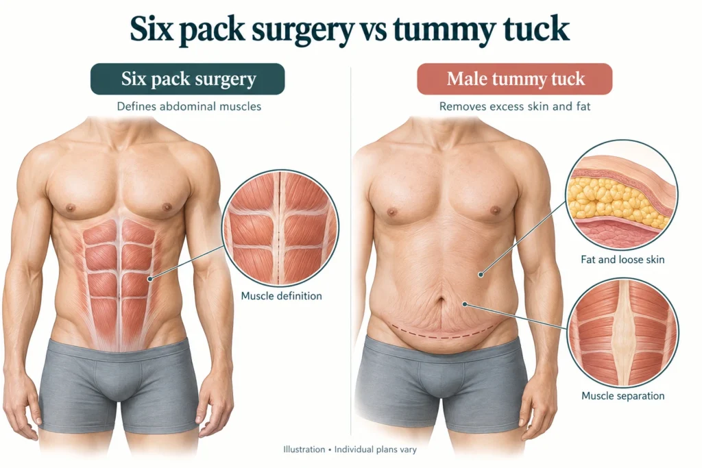 Sixpackoperatie versus buikwandcorrectie Diagram waarin een sixpack-operatie wordt vergeleken met een buikwandcorrectie bij mannen, met betrekking tot vet, losse huid en spierscheiding.