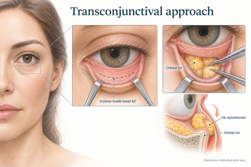 Abordaje transconjuntival Ilustración del abordaje transconjuntival de la blefaroplastia inferior a través del interior del párpado inferior.
