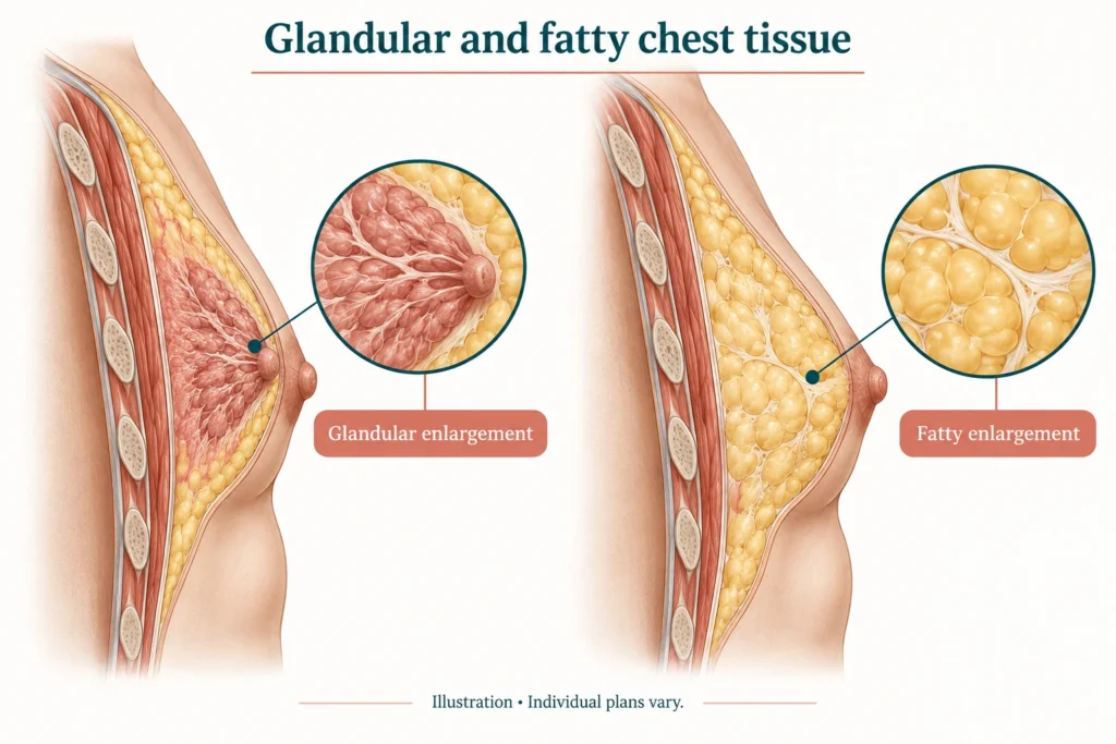 Ginecomastia verdadera frente a pseudoginecomastia Diagrama que compara el tejido glandular detrás del pezón con el tejido graso del pecho en la pseudoginecomastia.