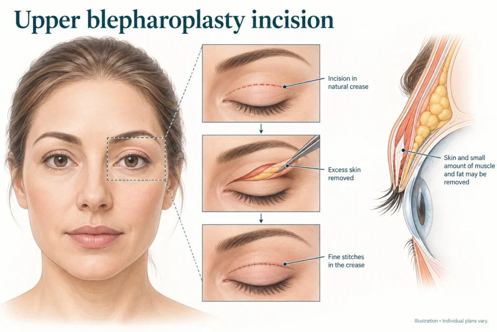 Incisión de blefaroplastia superior Ilustración médica de una incisión de blefaroplastia superior oculta en el pliegue natural del párpado.