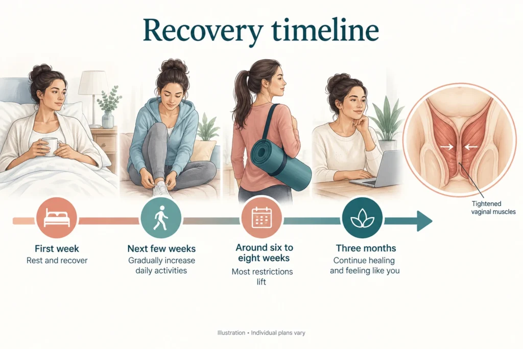 Infografía que muestra los hitos de la recuperación tras una cirugía de tensado vaginal desde la primera semana hasta los tres meses.