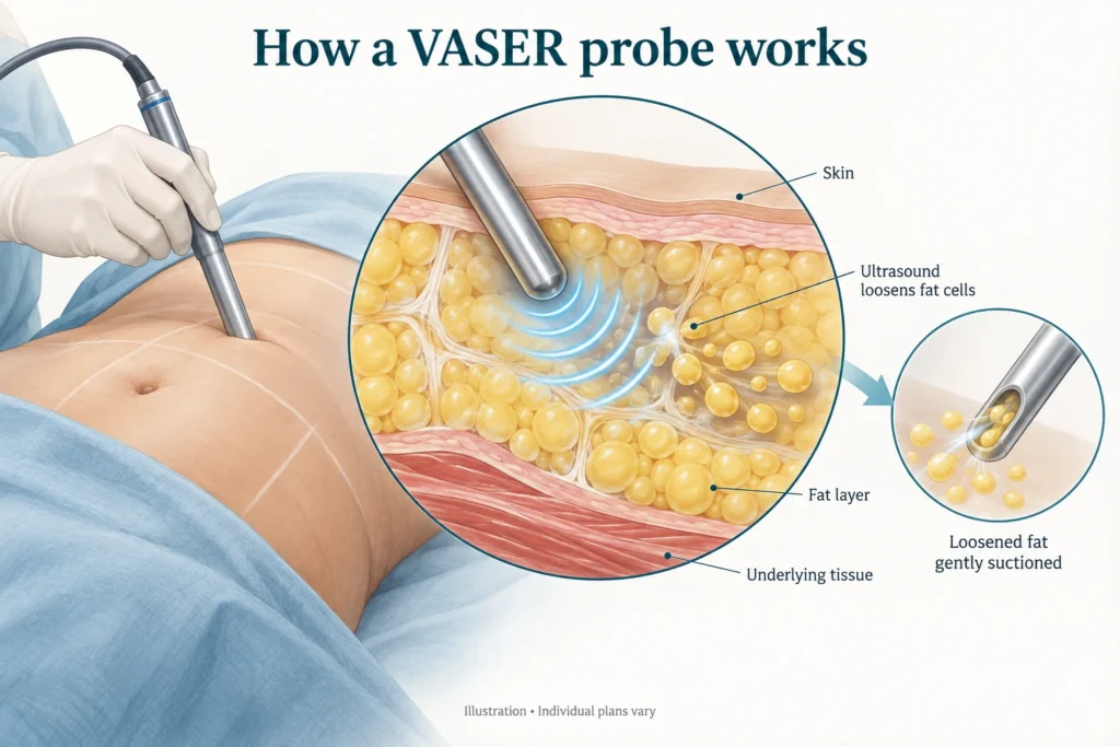 Ліпосакція VASER у Стамбулі: ілюстрація ультразвукового зонда VASER, що розпушує жирові клітини перед м’яким відсмоктуванням