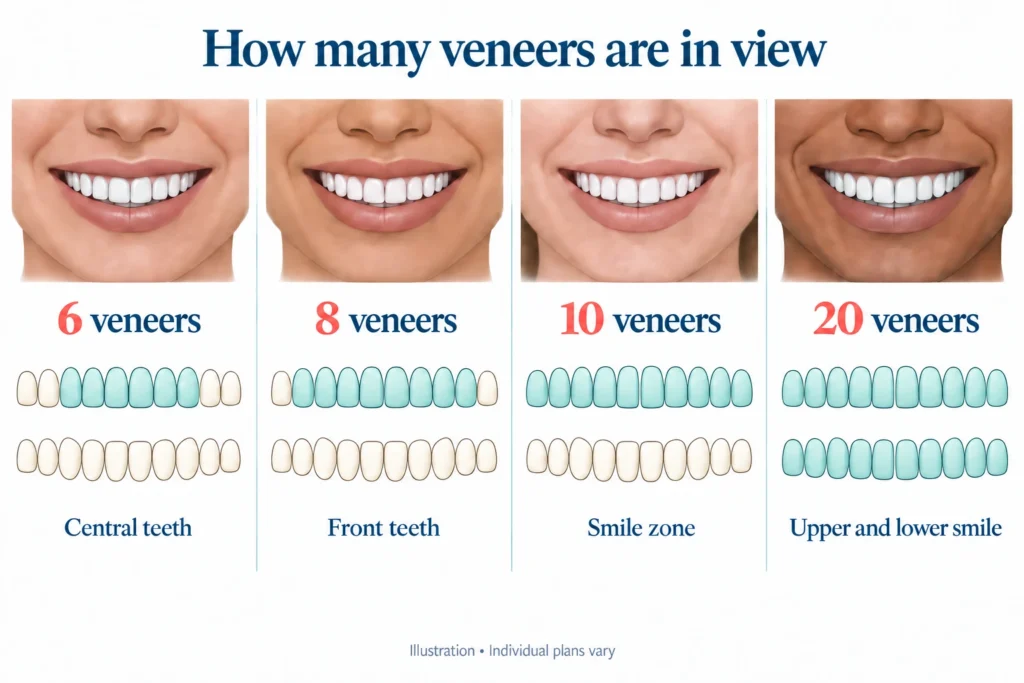 Illustrazione di sorrisi superiori con opzioni da 6, 8, 10 e 20 faccette.