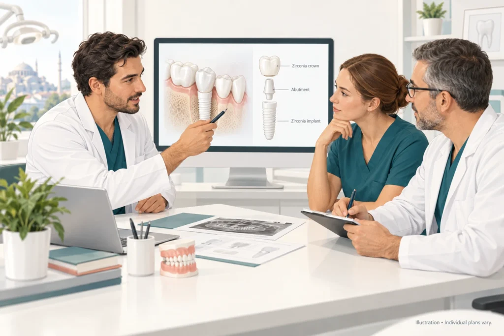Dental team plan review Illustration of a dental team discussing a metal-free dental implant plan on screen