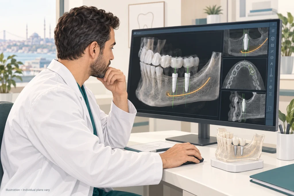 CBCT planning for ceramic implants Illustration of a dentist planning ceramic dental implants on a 3D CBCT scan