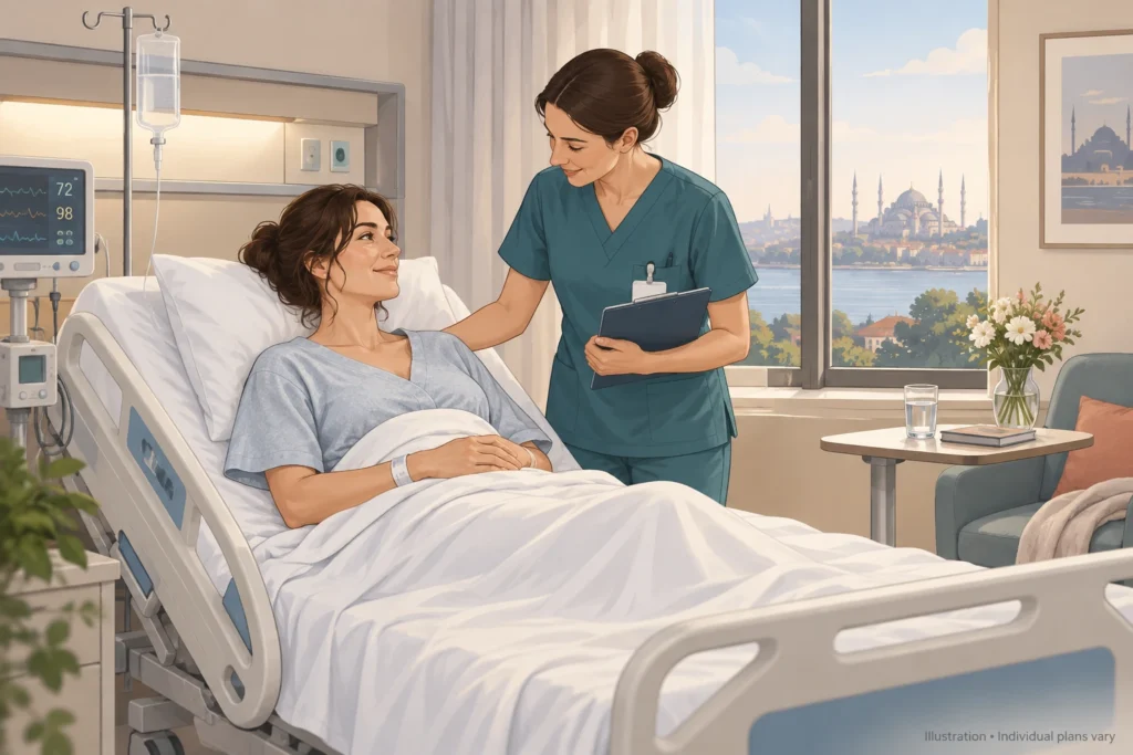 Illustrazione di un'infermiera che controlla una paziente in una sala di rianimazione di un ospedale di Istanbul dopo un intervento di lifting del seno.