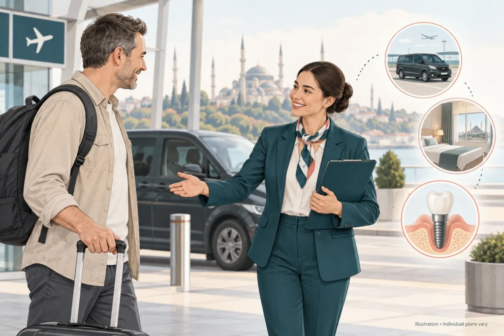 תיאום מטופלים באיסטנבול איור של מתאם מטופלים המברך מטופל שיניים בינלאומי בשדה התעופה באיסטנבול