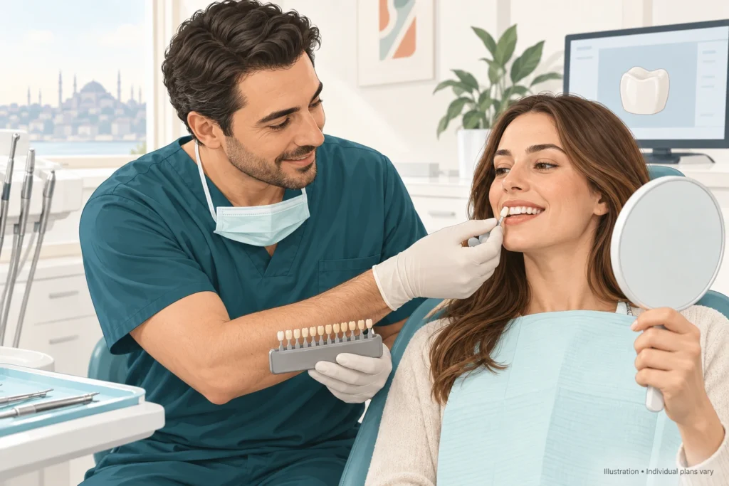 Choosing your crown shade Illustration of a dentist selecting a zirconia crown shade with a patient who holds a hand mirror