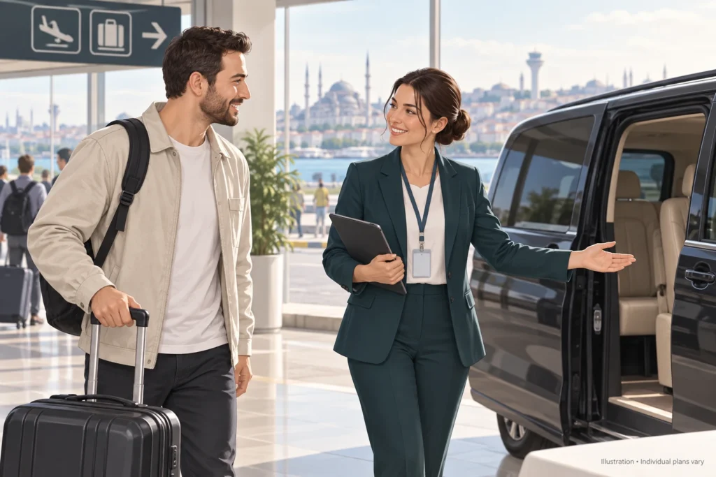 VIP airport transfer in Istanbul Illustration of a patient coordinator welcoming a hair transplant patient at Istanbul airport beside a transfer vehicle