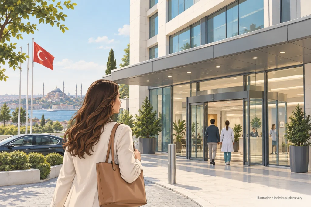Ilustración de una paciente llegando a un hospital moderno en Estambul para someterse a un tratamiento de estrechamiento vaginal en Turquía.