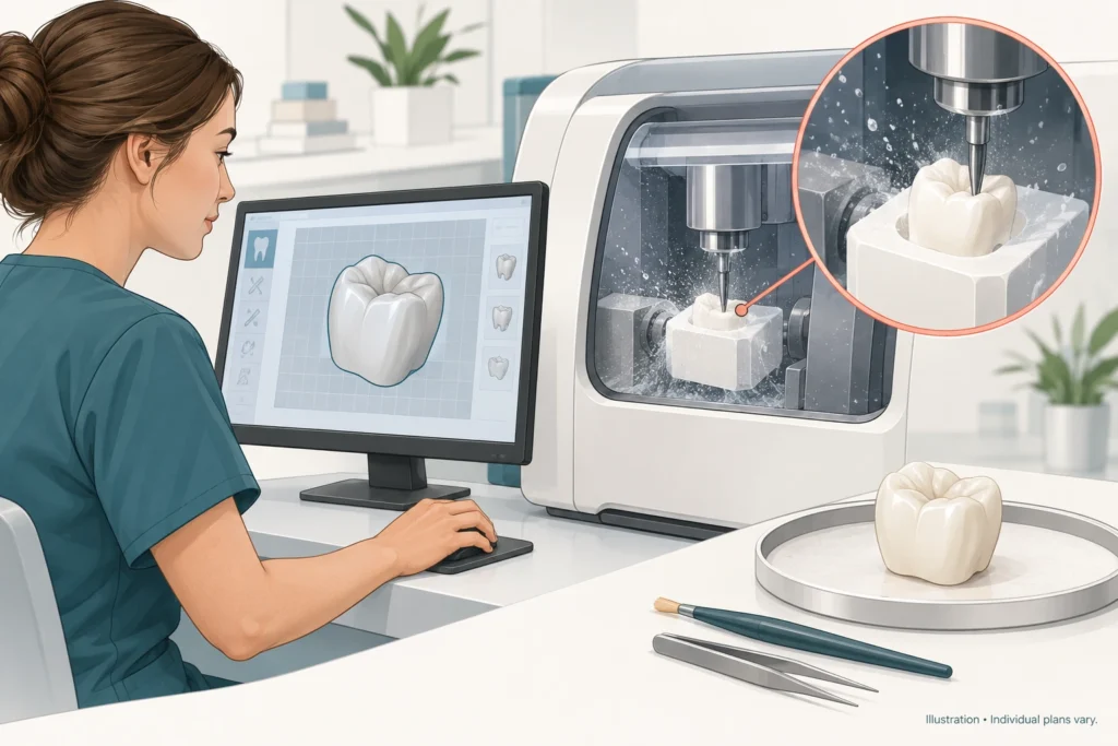 Digital milling of a zirconia crown Illustration of a zirconia crown designed on screen and milled from a zirconia block