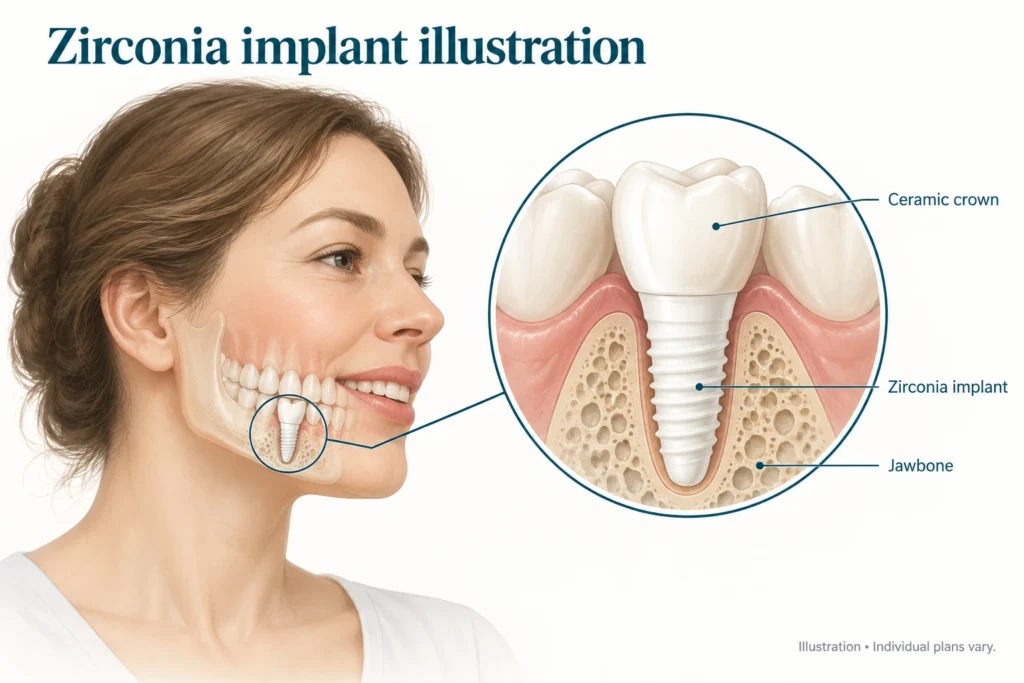 Zirconia implant illustration Medical illustration of a white zirconia implant in the jawbone with a ceramic crown