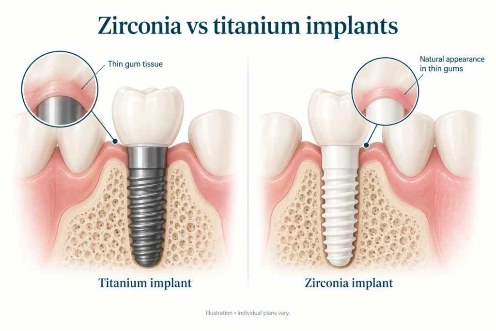 Zirconia vs titanium implants Side-by-side illustration of a titanium implant and a metal-free zirconia implant under thin gum tissue
