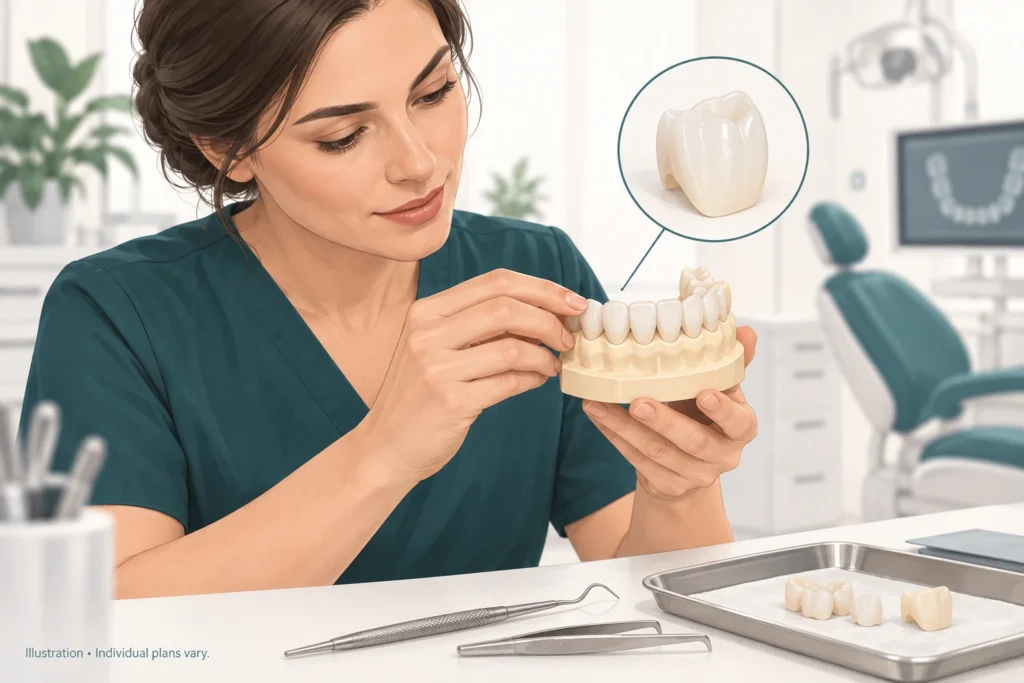 Zirconium crowns before try-in Illustration of a dental professional checking a set of zirconium crowns on a dental model before try-in