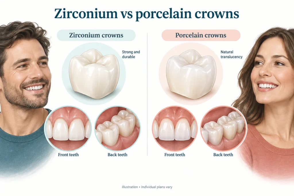 Zirconium vs porcelain crowns Side-by-side illustration of zirconium crowns and porcelain crowns on front and back teeth