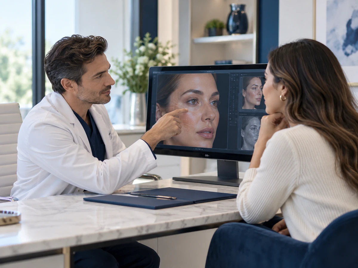 Gesichtsästhetik Türkei – Chirurg berät einen Patienten anhand eines Gesichtsanalyse-Screens