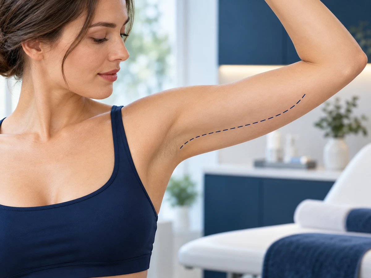 Armlift Turkije: 10 inzichten die je zelfvertrouwen een boost geven vóór je transformatie armlift Turkije – vrouw heft haar arm op om het binnenste gedeelte van haar bovenarm te laten zien dat is behandeld met een armlift